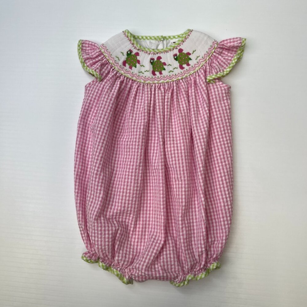 Surcie Romper Girl 2T Turtle Seersucker Gingham Ruffle Back Button Resort Core G